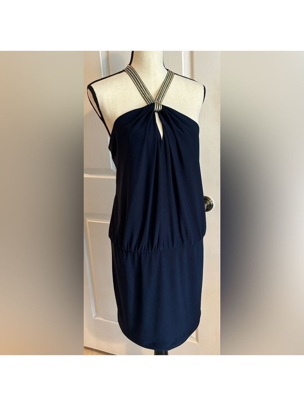 Bisou Bisou Sexy Halter Style Navy and Gold Party Dress Sz 12